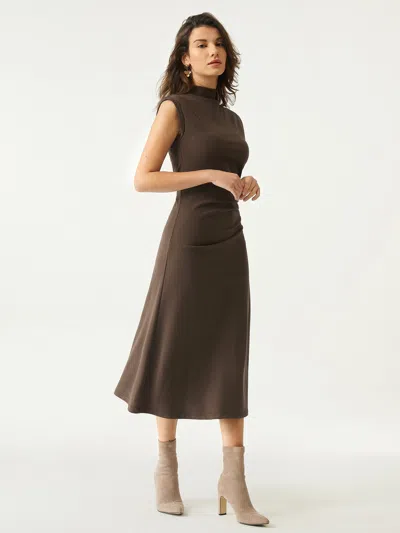 Oglmove Mockneck Tucks Midi Dress In Hazelnut Coco