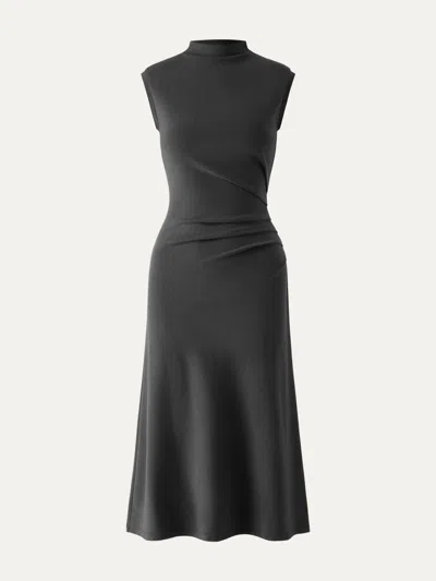 Oglmove Mockneck Tucks Midi Dress In Light Night Charcoal