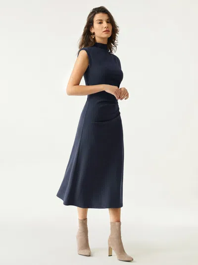 Oglmove Mockneck Tucks Midi Dress In Navy