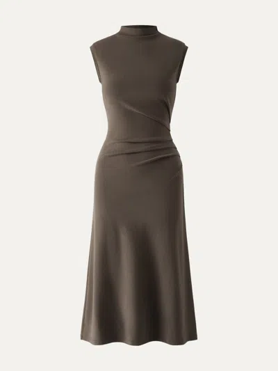 Oglmove Mockneck Tucks Midi Dress In Olive