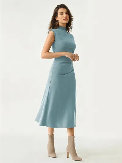 Oglmove Mockneck Tucks Midi Dress In Pastel Blue