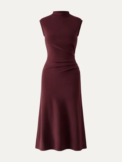 Oglmove Mockneck Tucks Midi Dress In Ruby Red