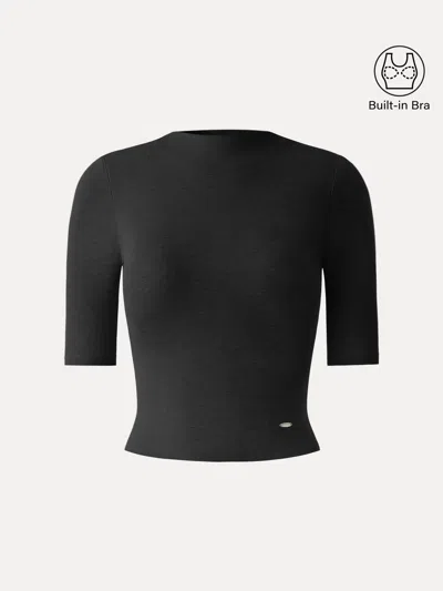 Oglmove Modal Blend Mockneck Elbow Sleeve Cropped Bra Top In Black