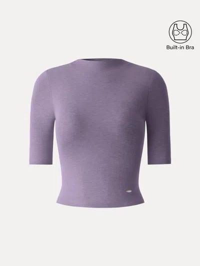 Oglmove Modal Blend Mockneck Elbow Sleeve Cropped Bra Top In Purple
