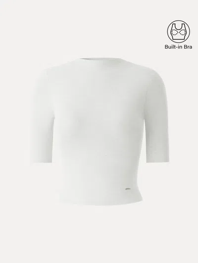 Oglmove Modal Blend Mockneck Elbow Sleeve Cropped Bra Top In White