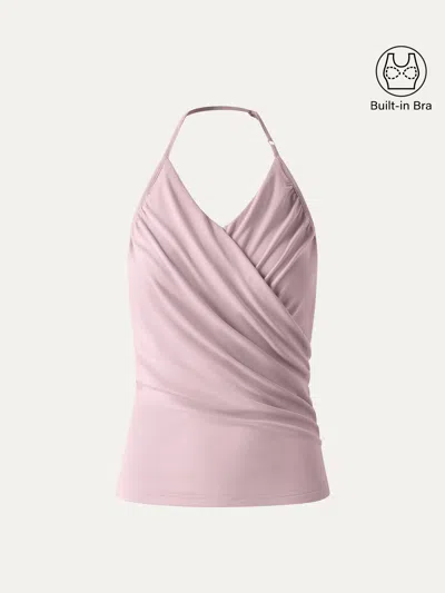 Oglmove Modal Halter Neck Surplice Ruched Bandless Bra Top In Pink