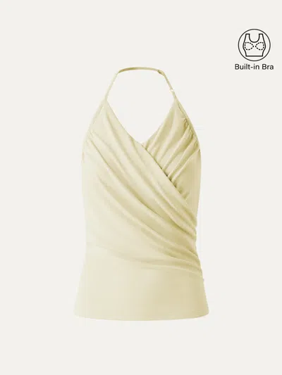 Oglmove Modal Halter Neck Surplice Ruched Bandless Bra Top In Yellow