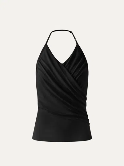 Oglmove Modal Halter Neck Surplice Ruched Bra Top In Black