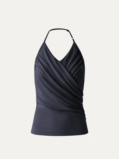 Oglmove Modal Halter Neck Surplice Ruched Bra Top In Blue