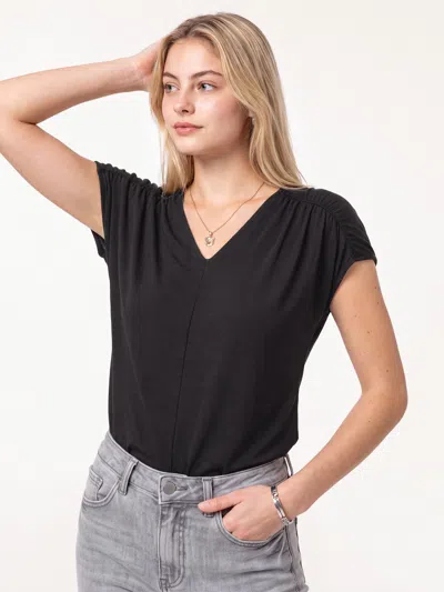 Oglmove Modal Relaxed V-neck Gathered Shoulder Top In Black