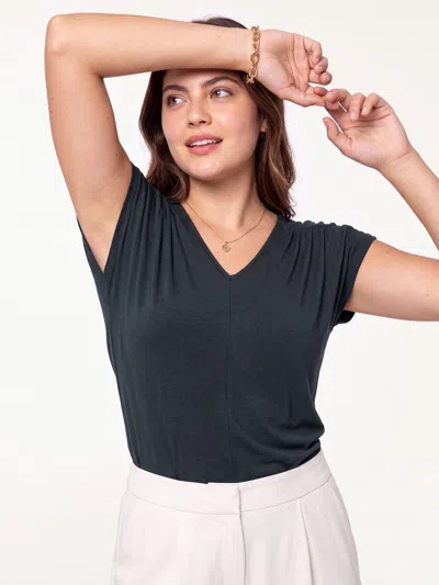 Oglmove Modal Relaxed V-neck Gathered Shoulder Top In Deep Navy