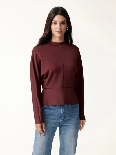 Oglmove Modal Spacer Knit Mock Neck Batwing Sleeve Banded Hem Top In Ruby Red