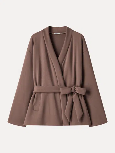 Oglmove Modal Stretch Fleece Crossover Belted Wrap Cardigan Coat With Poclets In Brown