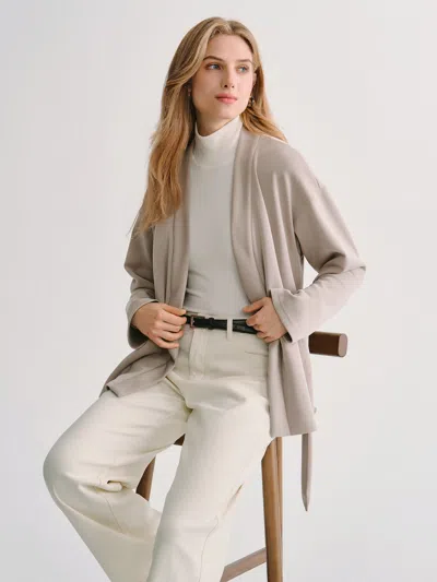 Oglmove Modal Stretch Fleece Crossover Belted Wrap Cardigan Coat With Poclets In Neutral