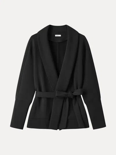 Oglmove Modal Stretch Fleece Lapel Long Sleeve Belted Coat With Pockets In Black