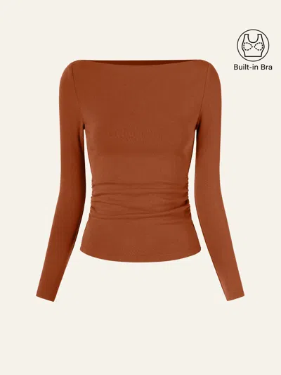 Oglmove Modern Side Ruched Boatneck Bra Top In Orange