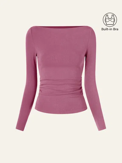 Oglmove Modern Side Ruched Boatneck Bra Top In Pink