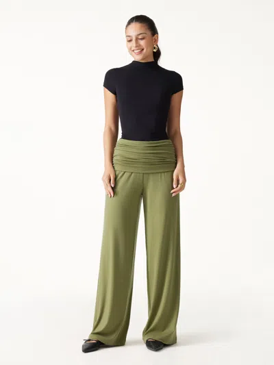 Oglmove Non-itchy Wool Blend Drapey Wide Leg Pull-on Pants With Pockets In Olive Oil