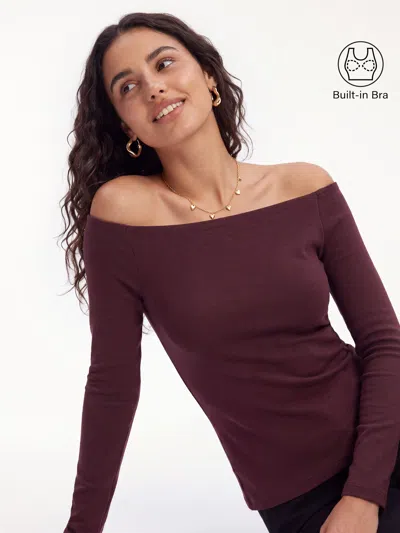 Oglmove Non-slip Off-shoulder Long Sleeve Bra Top In Ruby Berry
