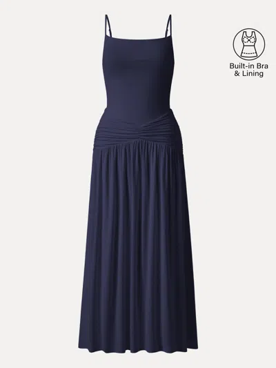 Oglmove Not-see-thru Spaghetti Gathered Maxi Bra Dress In Blue