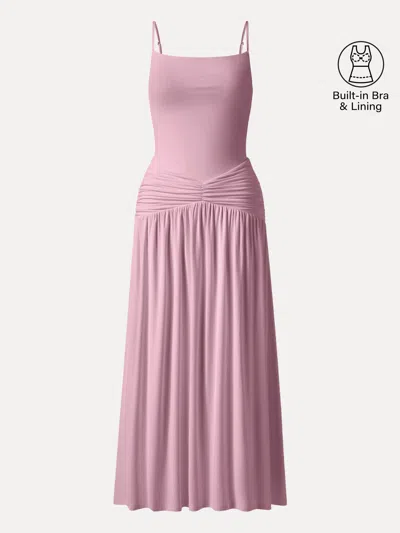 Oglmove Not-see-thru Spaghetti Gathered Maxi Bra Dress In Pink