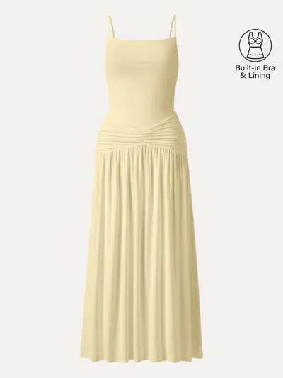 Oglmove Not-see-thru Spaghetti Gathered Maxi Bra Dress In Yellow