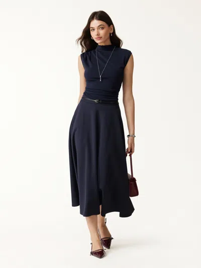 Oglmove Office Staple Ponte High-rise Circle Midi Skirt With Pockets In Universe Navy