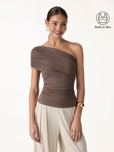 Oglmove One Shoulder Gathered Bra Top In Brown
