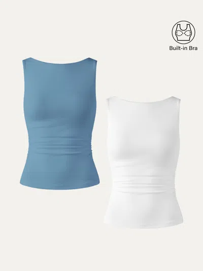 Oglmove Open Back Bra Tank In White/dusk Blue