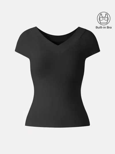 Oglmove Pantive Essential V-neck Cap Sleeve Summer Bra Tee In Black