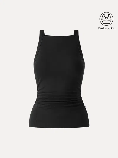 Oglmove Plantive Chic Square Neck Ruched Rib Bra Tank In Black