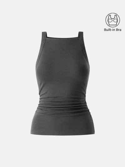 Oglmove Plantive Chic Square Neck Ruched Rib Bra Tank In Black