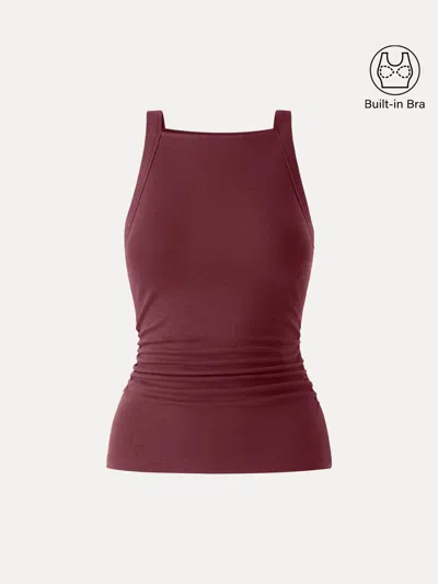 Oglmove Plantive Chic Square Neck Ruched Rib Bra Tank In Brown