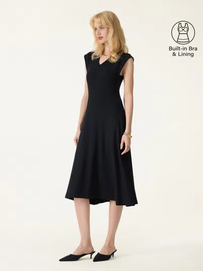 Oglmove Plantive Flowy V-neck Flared A-line Midi Bra Dress In Black