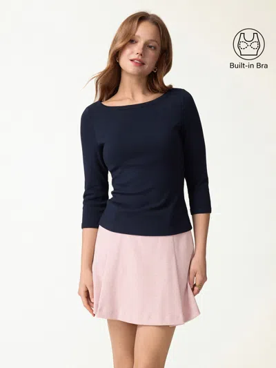 Oglmove Plantive® Ribbed Boatneck 3/4 Sleeve Bra Top In Smoky Navy