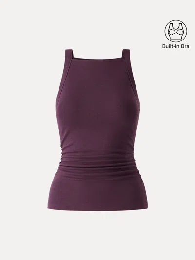 Oglmove Plantive Square Neck Ruched Rib Bra Tank In Deep Fig