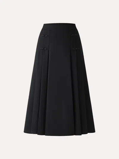 Oglmove Pleated Frog Button Decor Midi A-line Skirt Limited Edition In Black