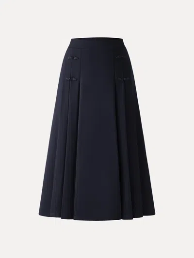 Oglmove Pleated Frog Button Decor Midi A-line Skirt Limited Edition In Blue