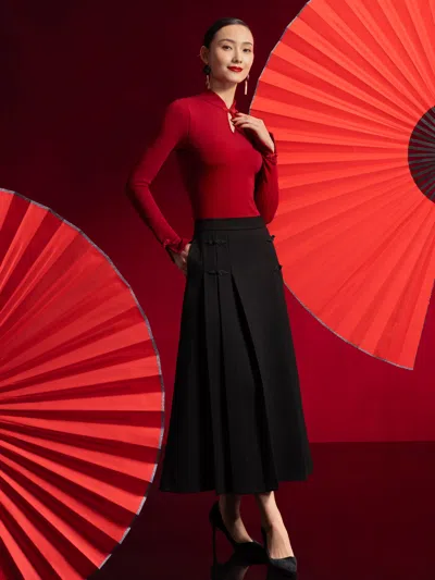Oglmove Pleated Frog Button Decor Midi A-line Skirt Limited Edition In Red