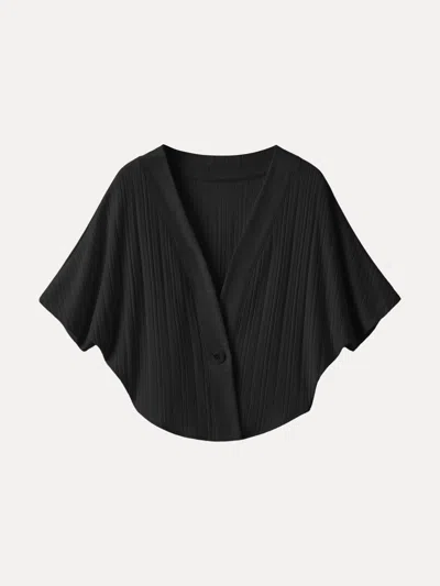 Oglmove Pointelle Kimono Cropped One-button Cardigan In Black