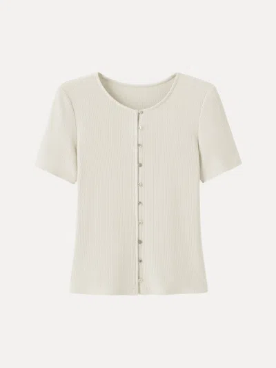 Oglmove Pointelle Relaxed Short Sleeve Button-front Cardigan Top