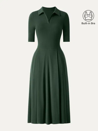 Oglmove Polo Neck Elbow Length Sleeve Midi Bra Dress With Pockets In Deep Bush