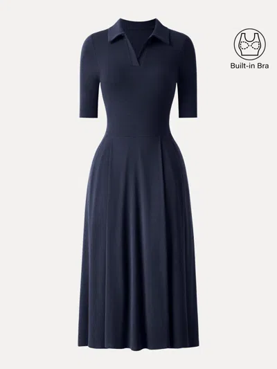 Oglmove Polo Neck Elbow Length Sleeve Midi Bra Dress With Pockets In Midnight Navy