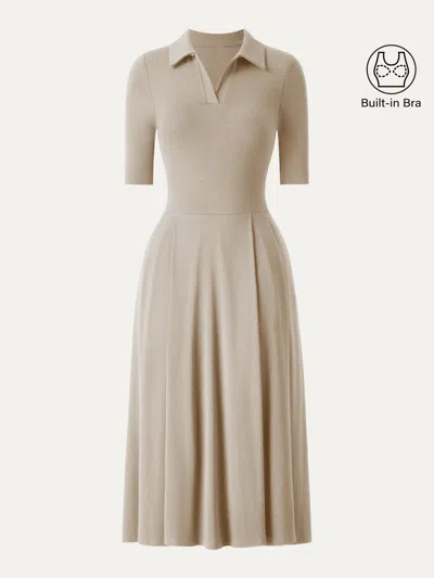 Oglmove Polo Neck Elbow Length Sleeve Midi Bra Dress With Pockets In Natural Calico