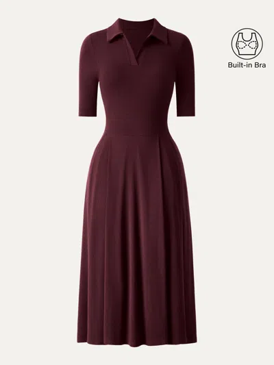 Oglmove Polo Neck Elbow Length Sleeve Midi Bra Dress With Pockets In Ruby Red