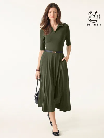 Oglmove Polo Neck Elbow Length Sleeve Midi Brami Dress With Pockets In Deep Olive