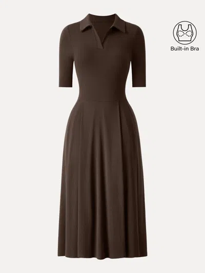 Oglmove Polo Neck Elbow Length Sleeve Midi Brami Dress With Pockets In Espresso