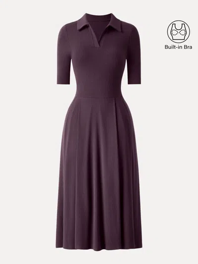 Oglmove Polo Neck Elbow Length Sleeve Midi Brami Dress With Pockets In Raisin Purple