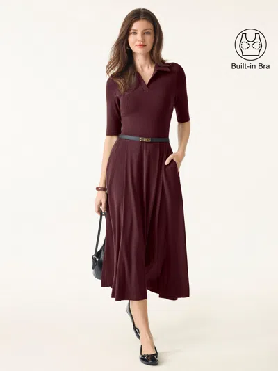 Oglmove Polo Neck Elbow Length Sleeve Midi Brami Dress With Pockets In Ruby