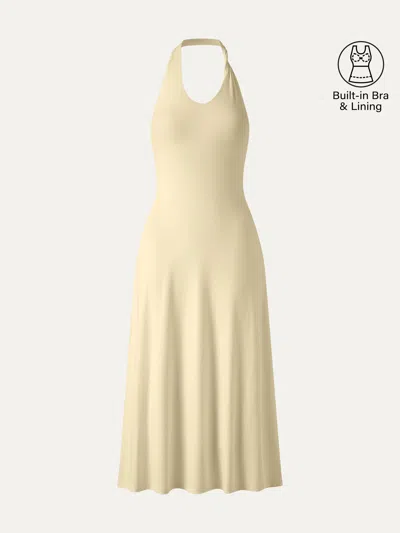 Oglmove Ponte Halter Neck Open Back Bra Dress In Yellow